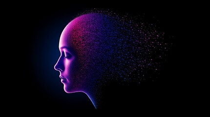 A dynamic profile of a human face dissolving into vibrant, fiery particles, symbolizing creativity, technology, and the evolution of human thought in the digital age