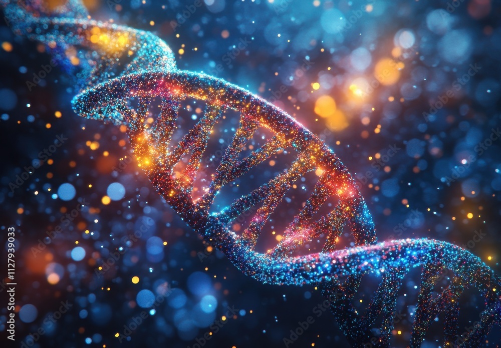 Poster stunning visualization of dna helix in cosmic environment with sparkling particles and vibrant color