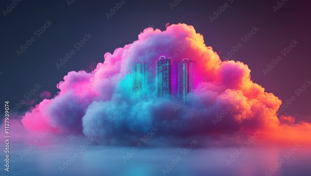 Poster surreal cityscape emerging from colorful clouds with neon lights creating an ethereal evening atmosp