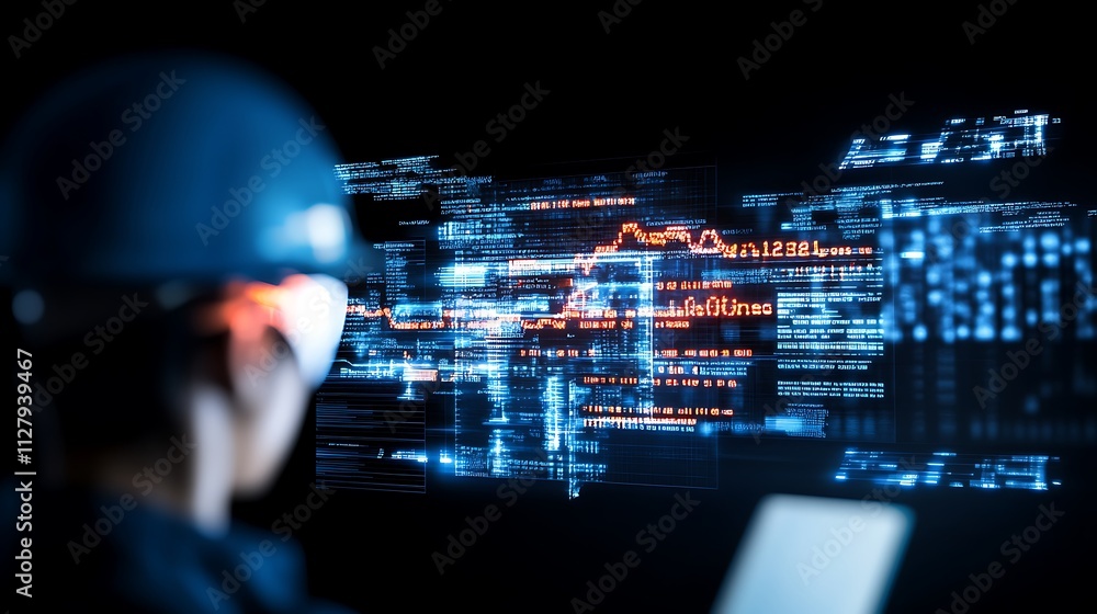Poster engineer analyzing data trends with digital interface for advanced technology solutions