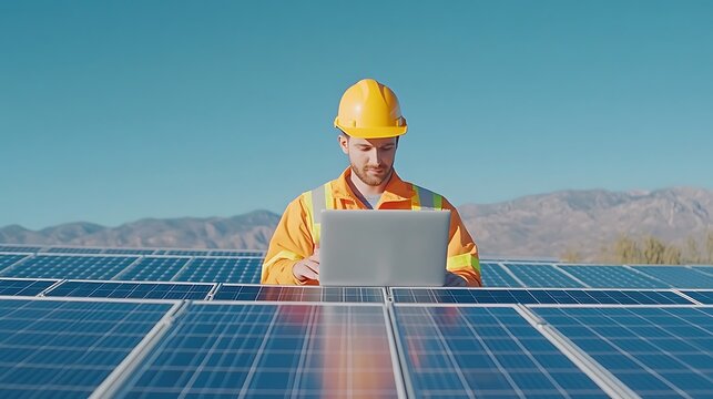 Solar energy technician using a laptop to monitor solar panels in a renewable energy field