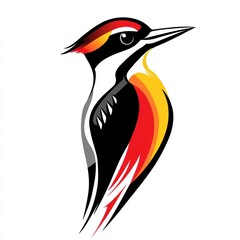 Stylized woodpecker illustration, red, black, yellow.