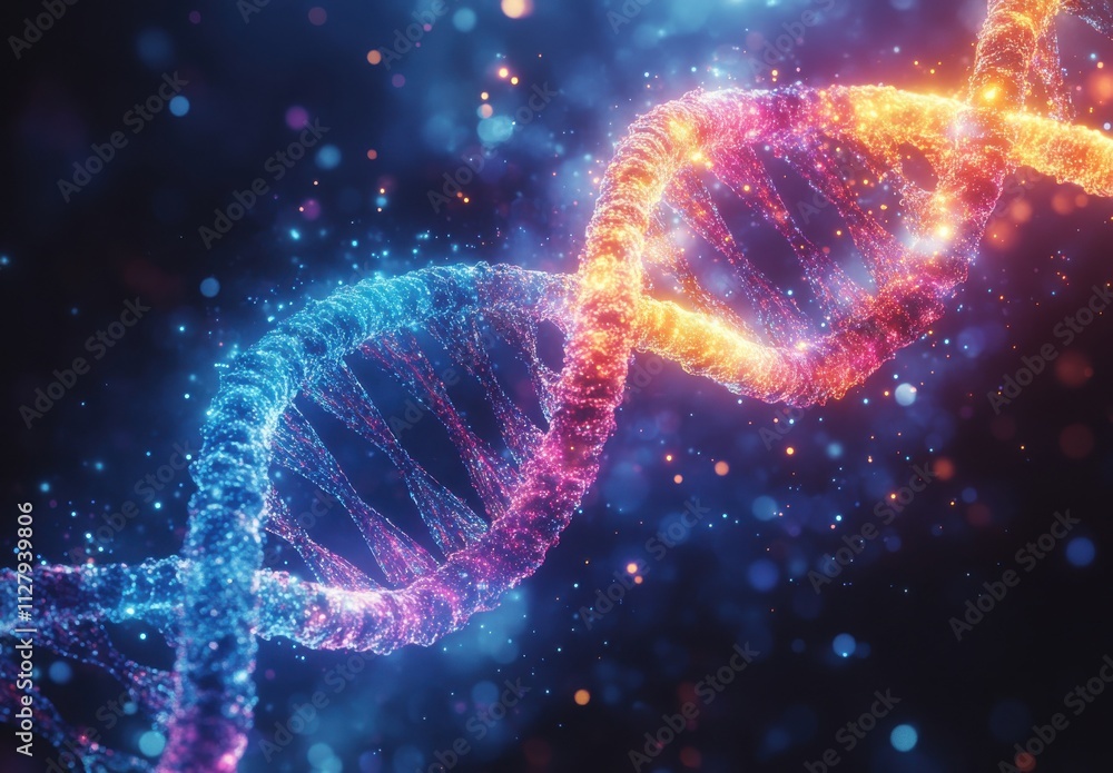 Poster vibrant 3d illustration of a dna double helix structure with colorful glowing effects representing g