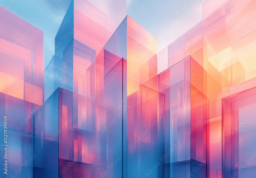 Poster vibrant abstract cityscape with translucent geometric structures reflecting colorful light in a drea