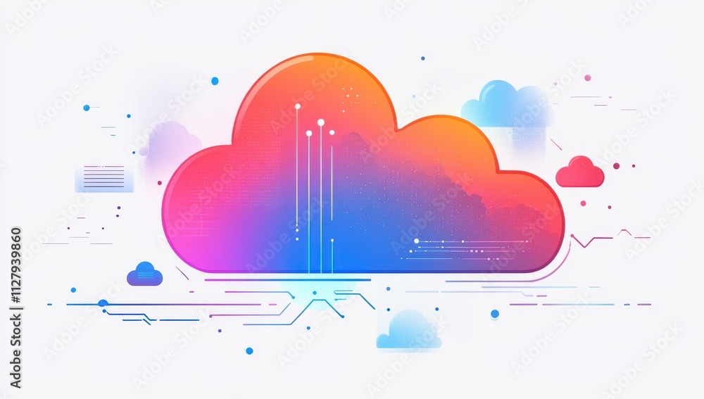 Poster Vibrant Abstract Cloud Computing Illustration with Colorful Gradient and Futuristic Lines Representing Data Storage and Connectivity in Digital Technology