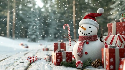 Obraz premium A whimsical winter scene featuring a cheerful snowman holding a candy cane and surrounded by a variety of wrapped presents all set against the backdrop of a serene