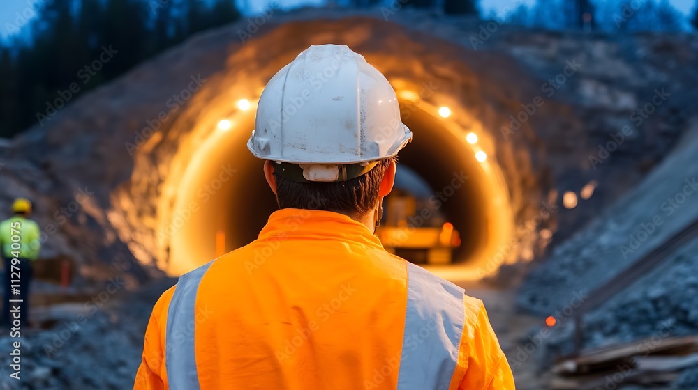 Poster construction worker observing a tunnel boring machine in an underground tunnel for infrastructure de