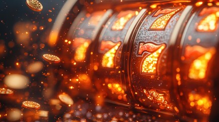 Vibrant Close-Up of Classic Slot Machine with Golden Coins and Spinning Reels in Hyper-Realistic Digital Art
