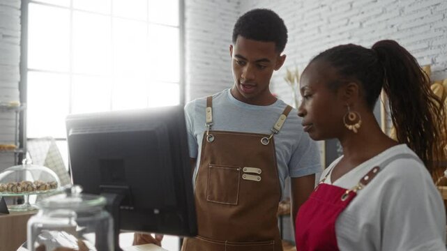 Man and woman in aprons working together in a bakery interior using a cash register with breads and pastries in the background