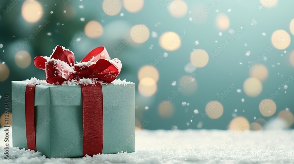 Poster beautifully wrapped gift box with a striking red ribbon and bow placed on a serene snowy surface wit