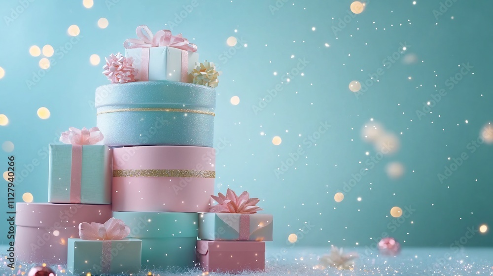 Poster colorful stack of gift boxes of various sizes surrounded by sparkling fairy lights with ample empty 