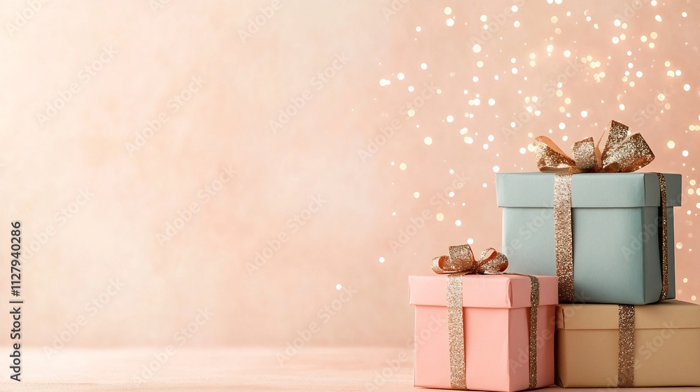 Poster a stack of vibrant gift boxes of various shapes and sizes nestled together and surrounded by a twink