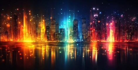 Fototapeta premium Vibrant Cityscape at Night with Colorful Light Reflections and Sparkling Stars Amidst a Dark Sky Creating a Magical Urban Atmosphere