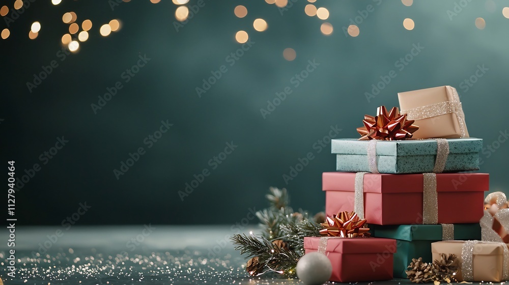 Poster colorful stack of gift boxes of various sizes surrounded by twinkling fairy lights creating a festiv