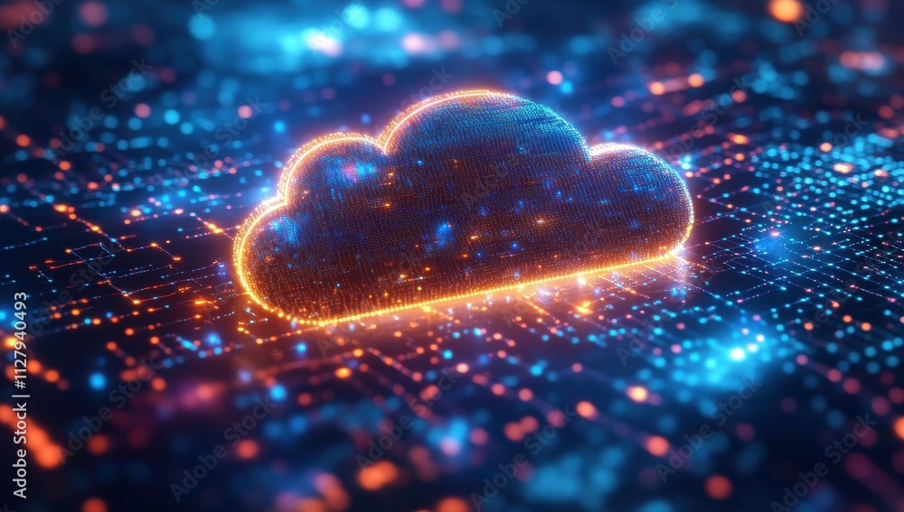 Poster vibrant digital cloud symbol amidst a sea of glowing data points representing cloud computing and in