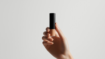 Minimalist Hand Holding Makeup Concealer Tube Against Neutral Background