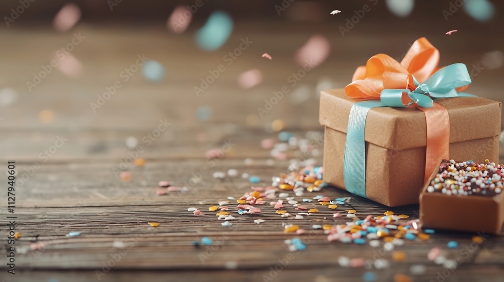 Poster assortment of small gift boxes in various colors and tied with vibrant ribbons scattered across a ru
