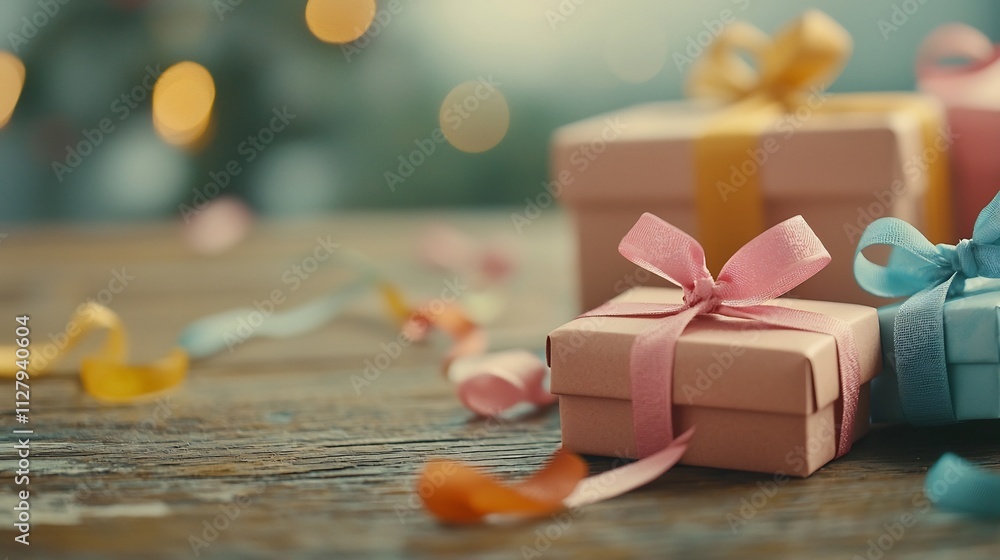 Poster overhead shot of multiple small gift boxes in various colors and patterns tied with vibrant ribbons 