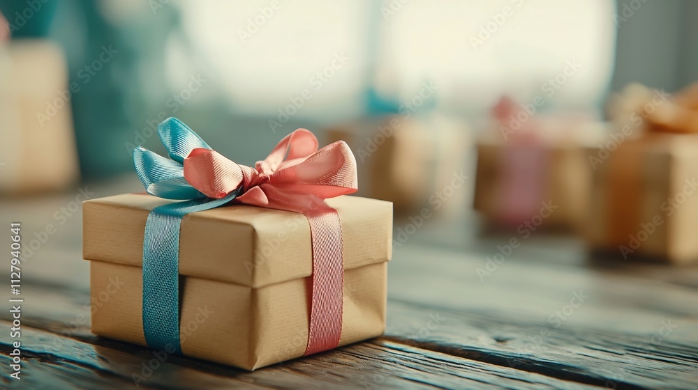 Poster overhead view of multiple small gift boxes in various colors tied with colorful ribbons scattered on