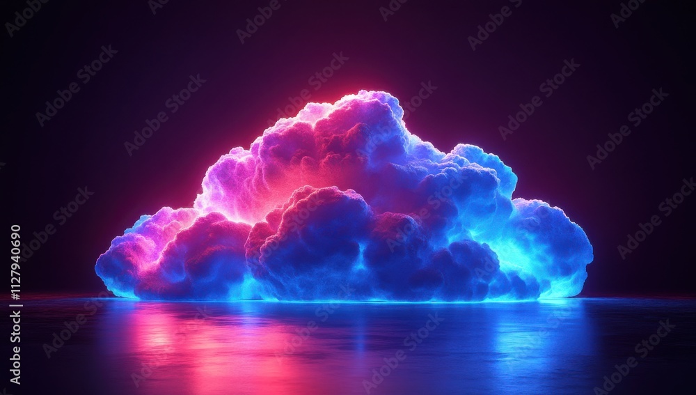 Poster vibrant neon cloud formation illuminating a dark background with ethereal glow and soft reflections 