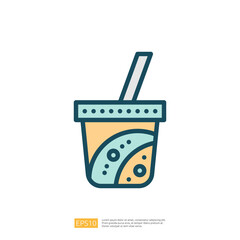 This image features a stylized cup with a straw, likely representing a beverage, showcasing a playful design with colorful patterns.