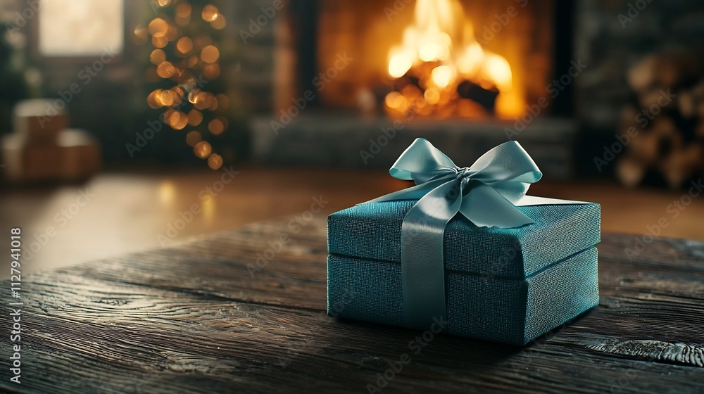 Poster A beautifully wrapped gift box tied with a shimmering satin ribbon placed in front of a warm glowing fireplace creating a cozy and elegant scene with ample copy space for text overlay