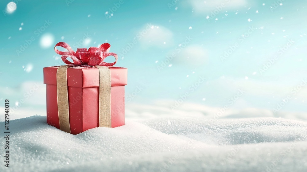 Poster a large beautifully wrapped gift box placed in the center of a serene snow covered landscape with an