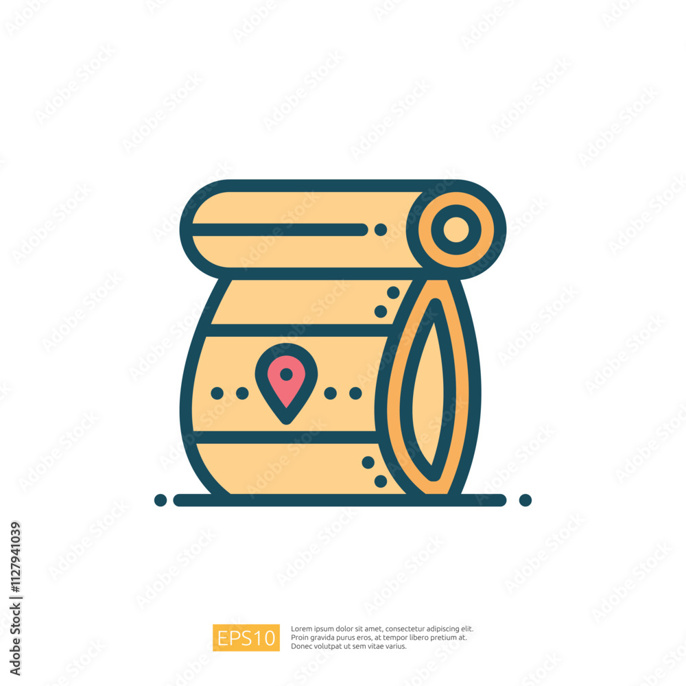 Poster a simple illustration of a rolled-up map with a location pin, symbolizing navigation or travel plann