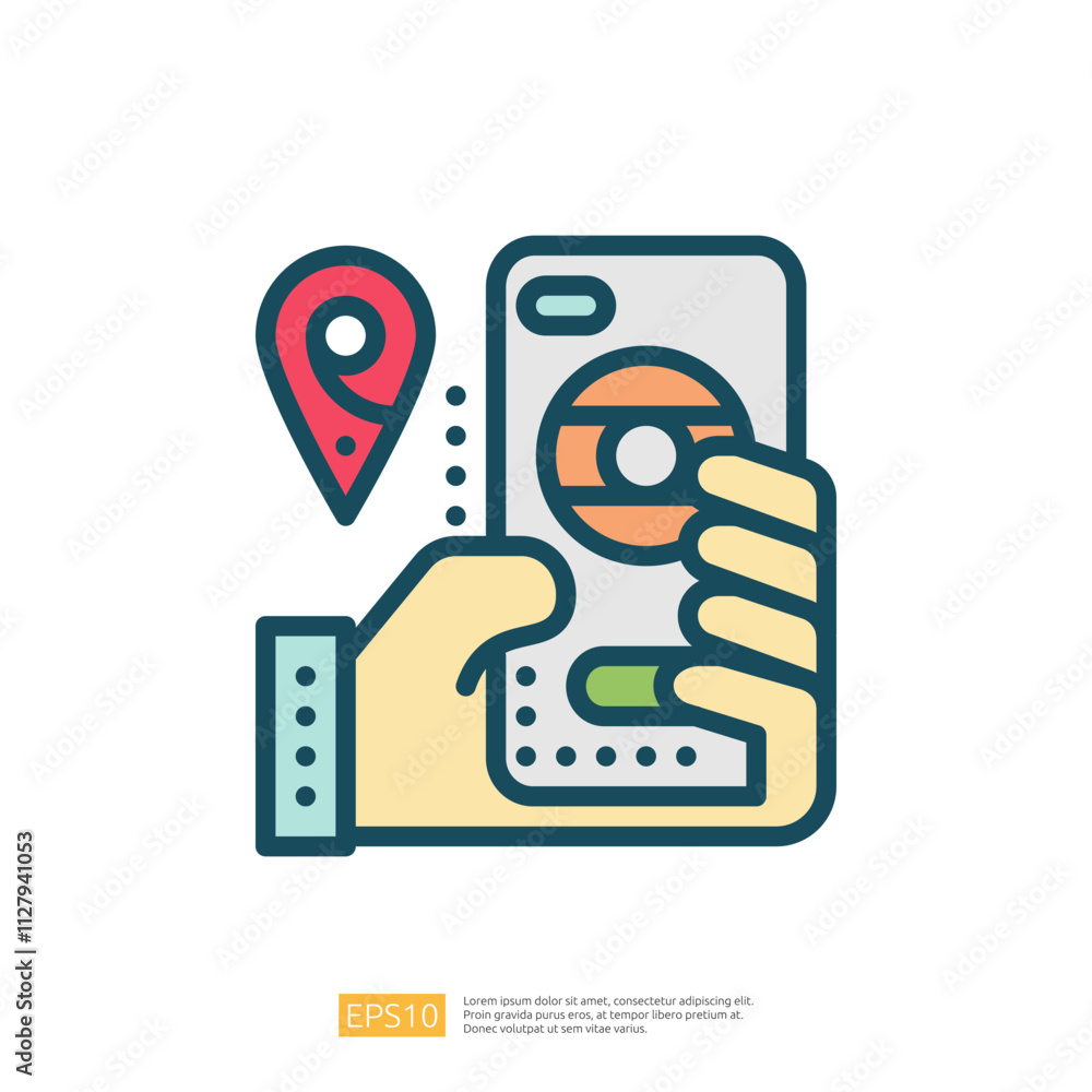 Poster a hand holding a smartphone displaying a map with a location pin, indicating navigation or location 
