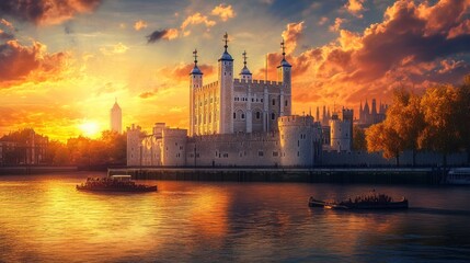 Obraz premium Tower Bridge sunset, boats, golden sky.