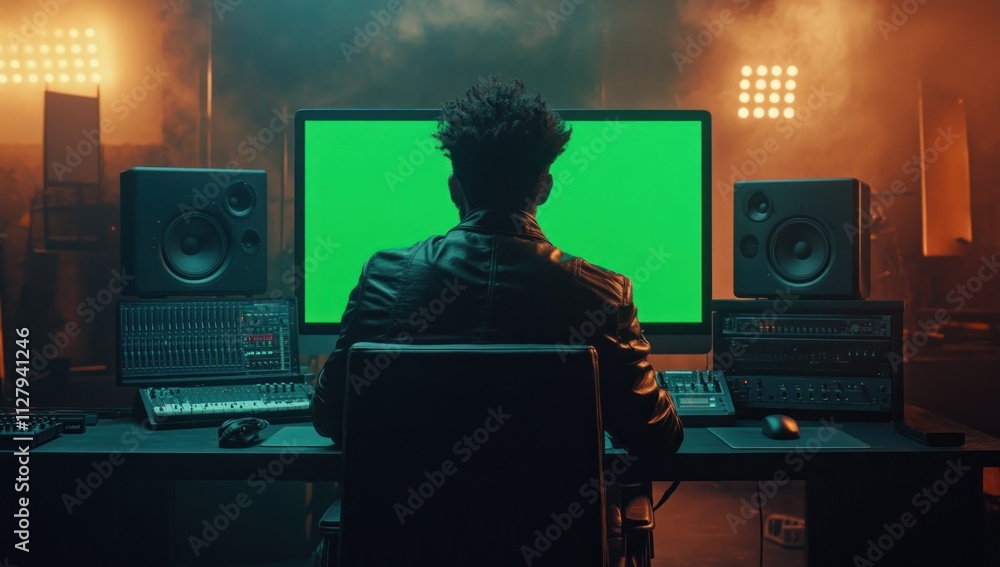 Poster Man working on computer with green screen in a recording studio.
