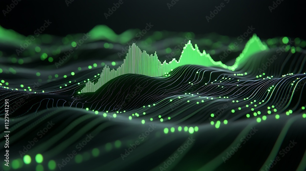 Poster financial data analysis with upward trends represented by glowing graphs and digital statistics