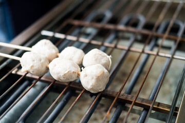 Grilled ball grill, street food of Bangkok, Thailand.