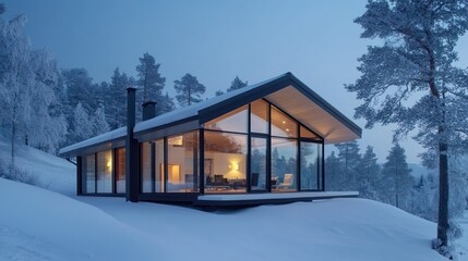 Modern Scandinavian-style winter house, minimalist, glass walls, snowy background 