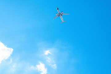 White passenger airplane flying in blue sky on sunny day