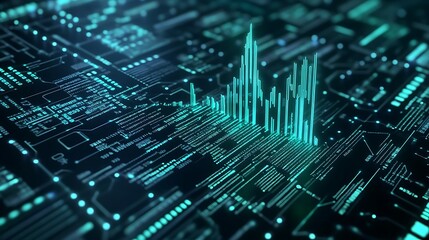 Financial data analysis with upward trends represented by glowing graphs and digital statistics