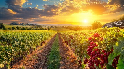 Naklejka premium Sustainable agriculture field with healthy crops and solar panels under bright sky