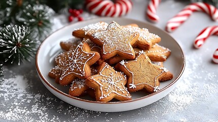 Fototapeta premium A photograph of a plate of freshly baked gingerbread cookies shaped like Christmas trees and stars surrounded by candy canes and space in the background for text
