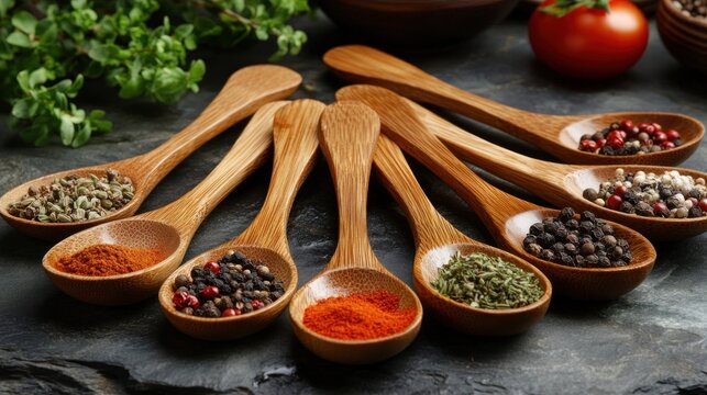 Assorted spices in wooden spoons.