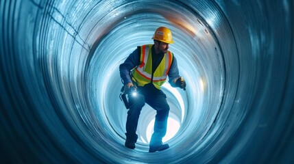Skilled worker inspecting large industrial pipeline interior for maintenance and safety, using flashlight for thorough examination. Energy sector.