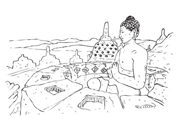 borobudur temple and buda or budha statue, vector outline hand draw sketch