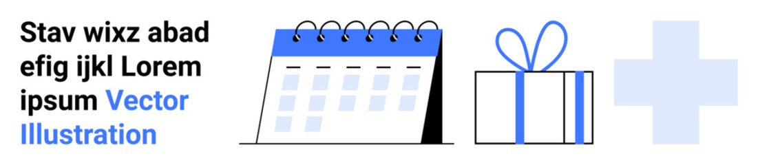 Calendar with spiral binding, gift box with bow, and medical cross symbol alongside sample text in blue and black. Ideal for planning, scheduling, healthcare, celebrations, company events, reminders