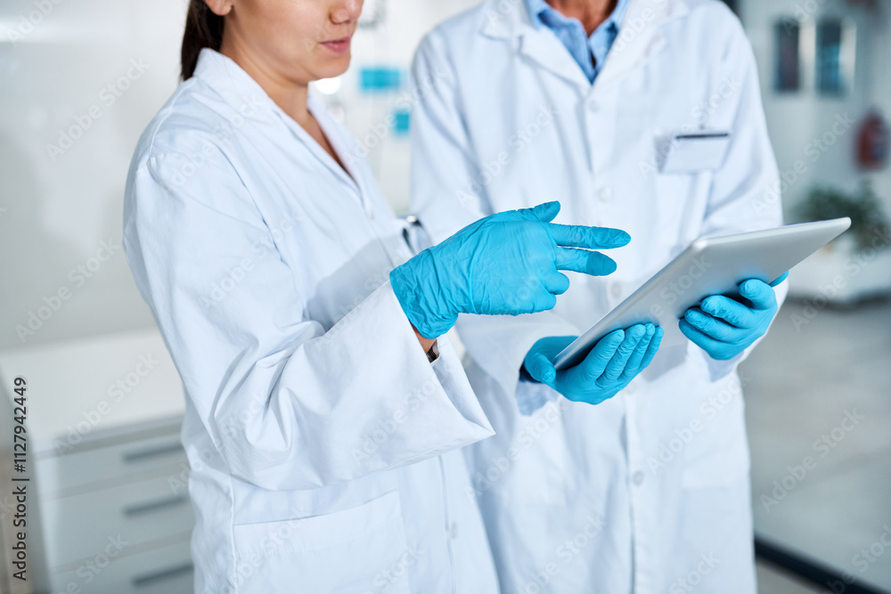 Poster hands, research and people in lab, tablet and teamwork with connection, internet and tech. closeup, 