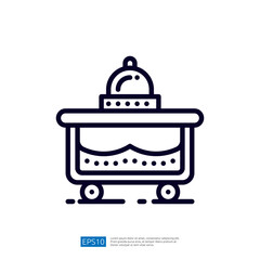 A simple line drawing of a dessert cart, featuring a dome-shaped lid and decorative elements, suggesting a focus on serving sweet treats.