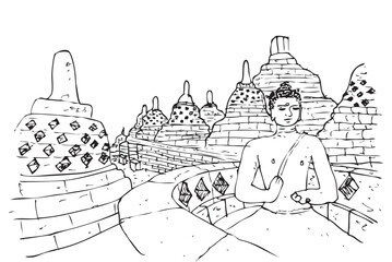 borobudur temple and buda or budha statue, vector outline hand draw sketch