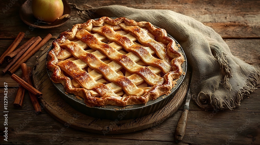 Poster a beautifully baked apple pie with a lattice crust placed on a rustic wooden table and surrounded by