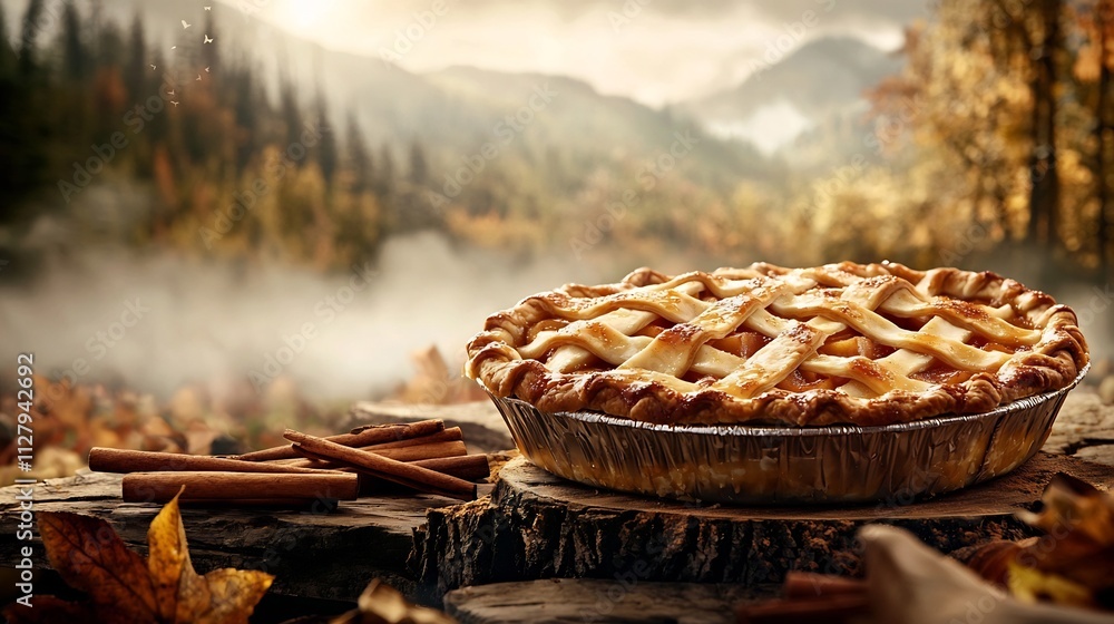 Poster beautifully baked apple pie with a lattice crust placed on a wooden table and surrounded by cinnamon