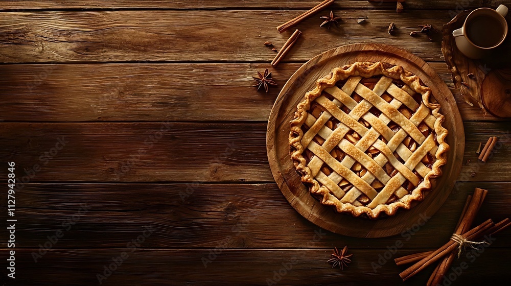 Poster beautifully baked apple pie with a perfectly crafted lattice crust placed on a rustic wooden table a