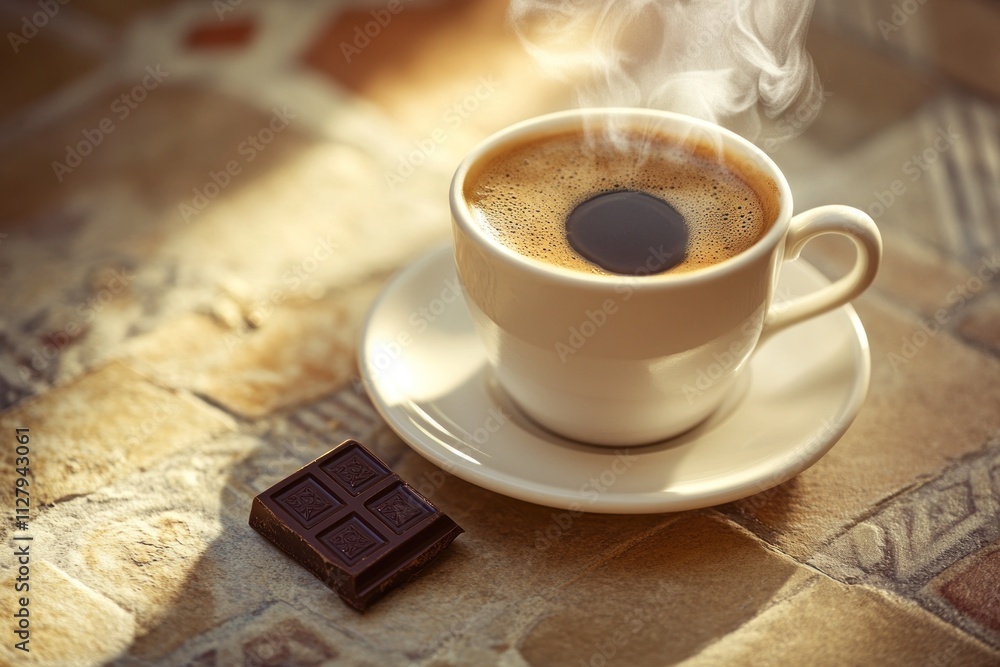 Poster steaming espresso cup with chocolate on tiled surface.
