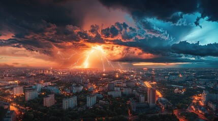 Dramatic Sunset Lightning Storm over Cityscape